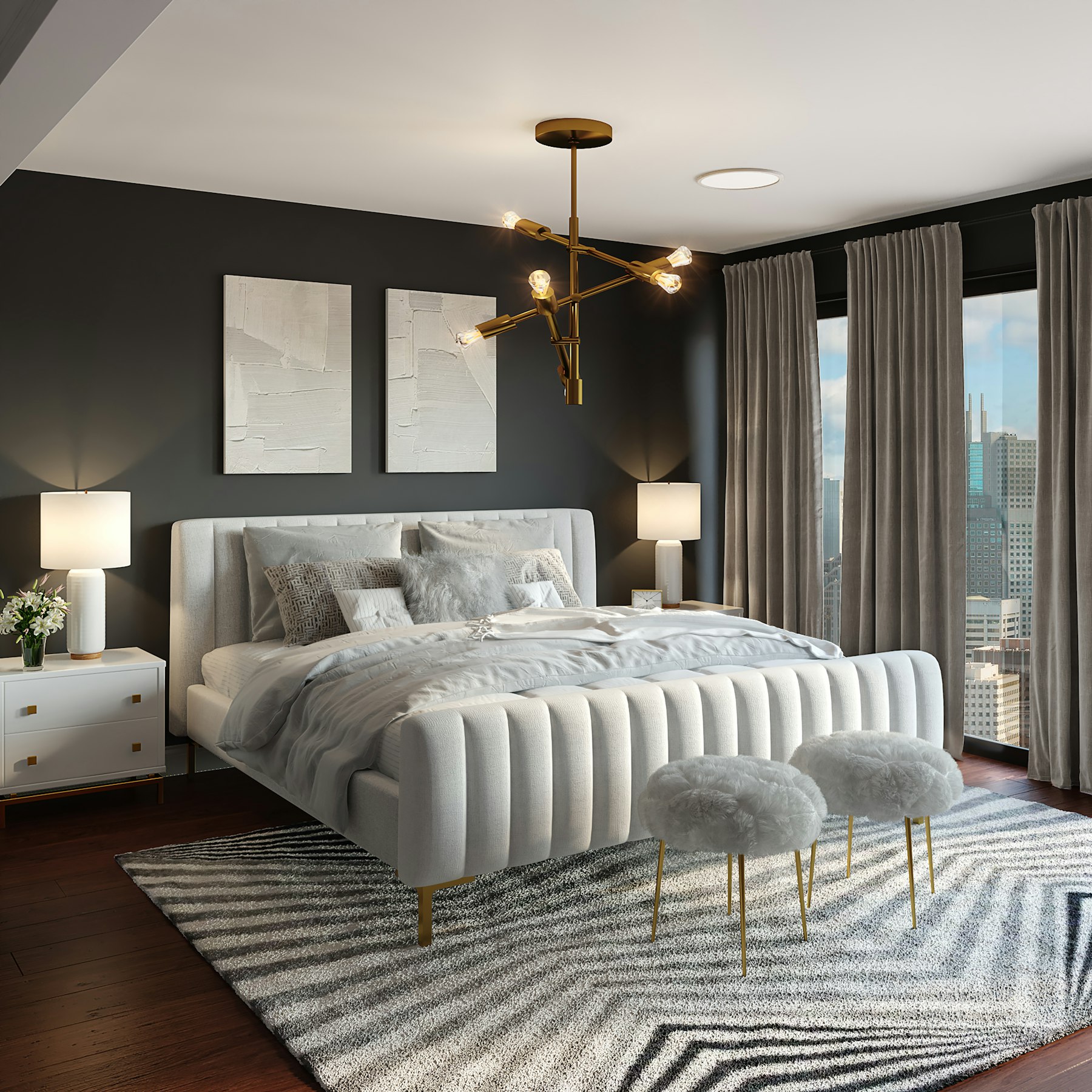 Bedroom — Channel-tufted bed, brass light