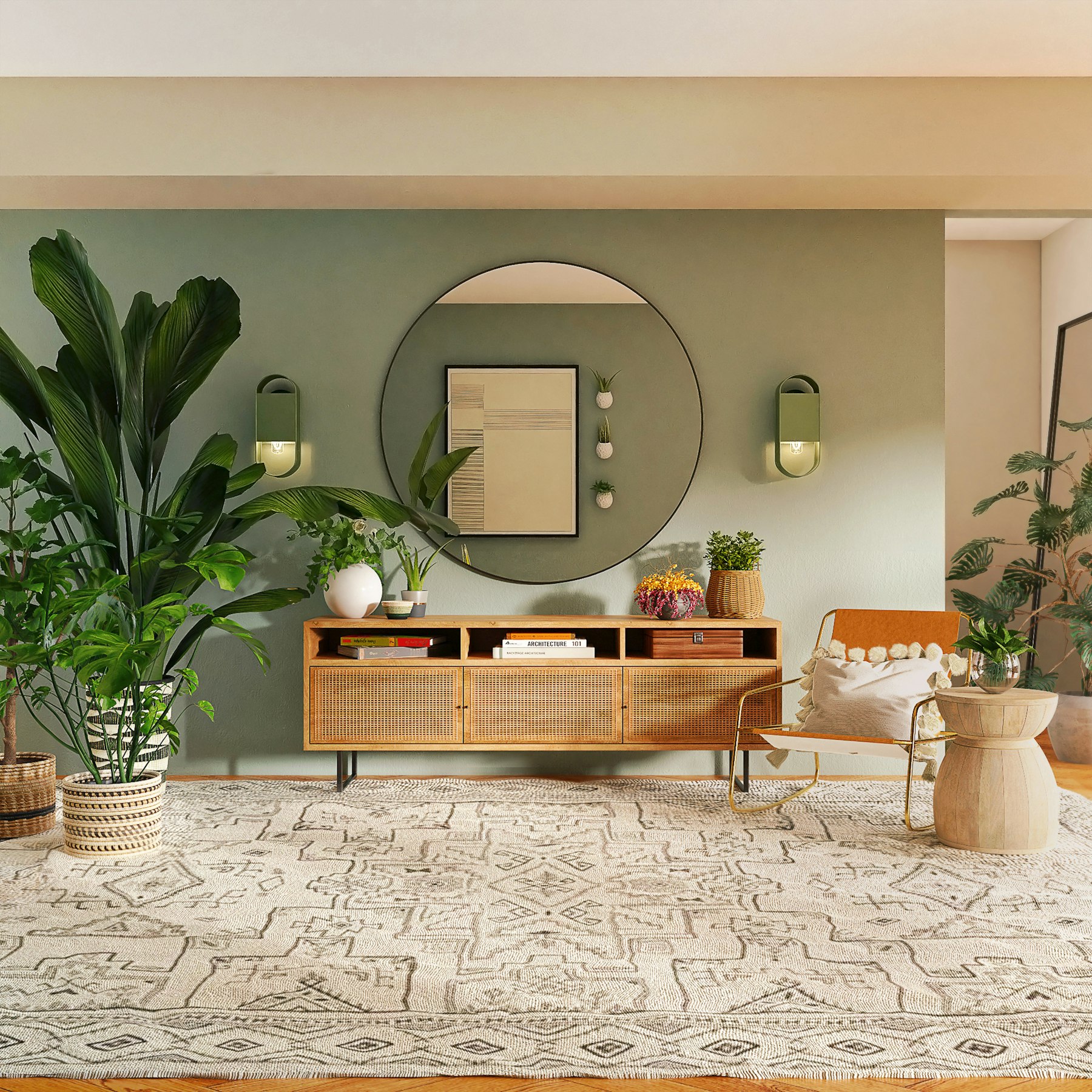 Entry & styling — Console with round mirror